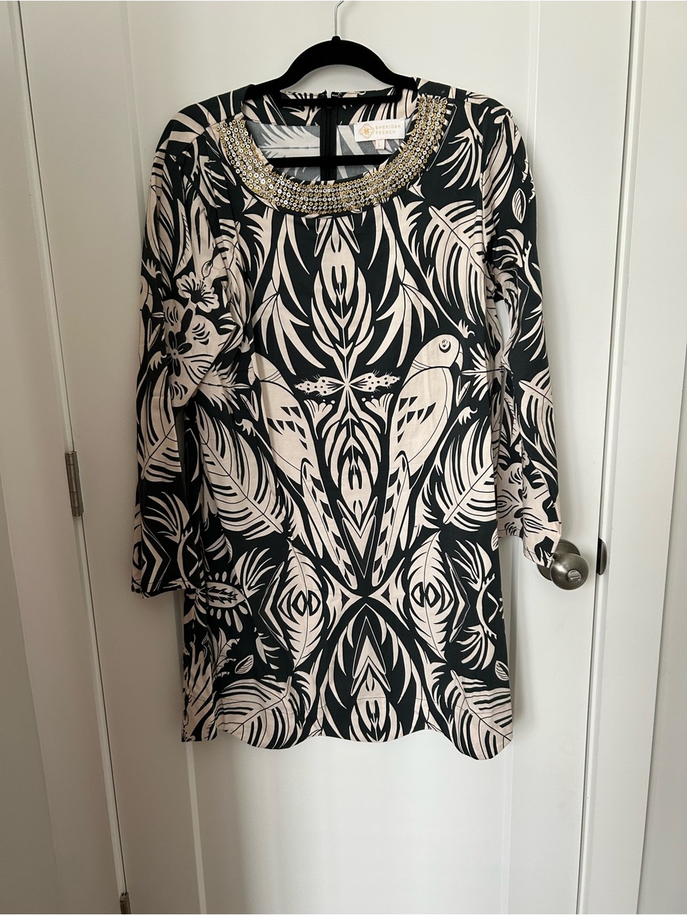 Sheridan French Black & Cream Embellished Neckline Dress